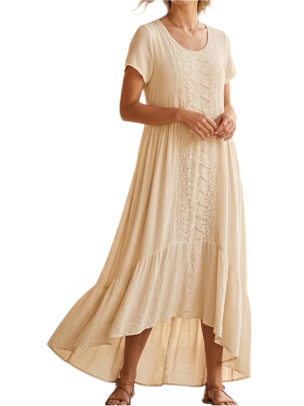 Joyfolie Mia Joy Cream Crochet Accent Boho High-Low Maxi Dress Women’s Size XL